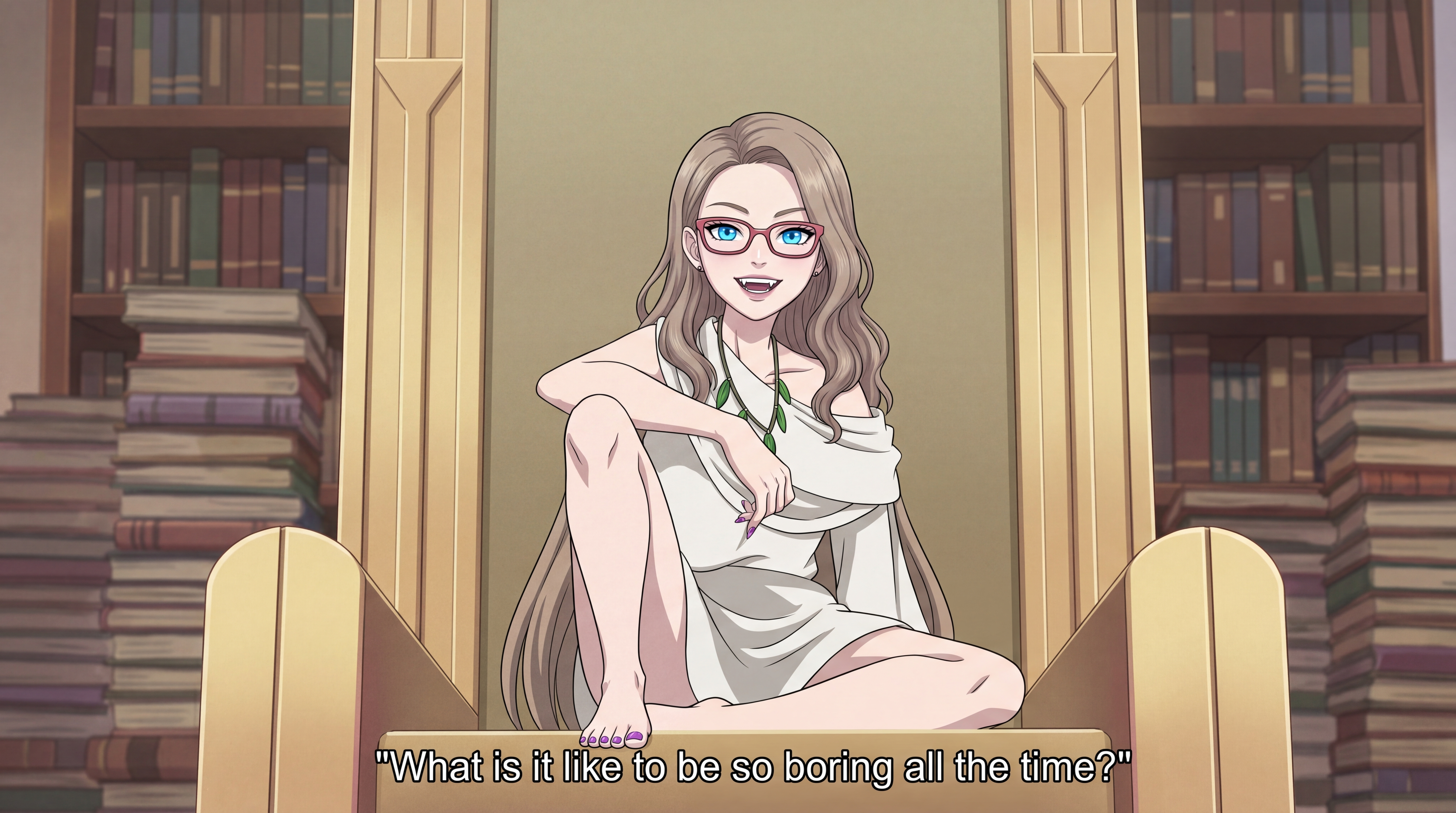 Anime girl lounging on a throne of books in a library