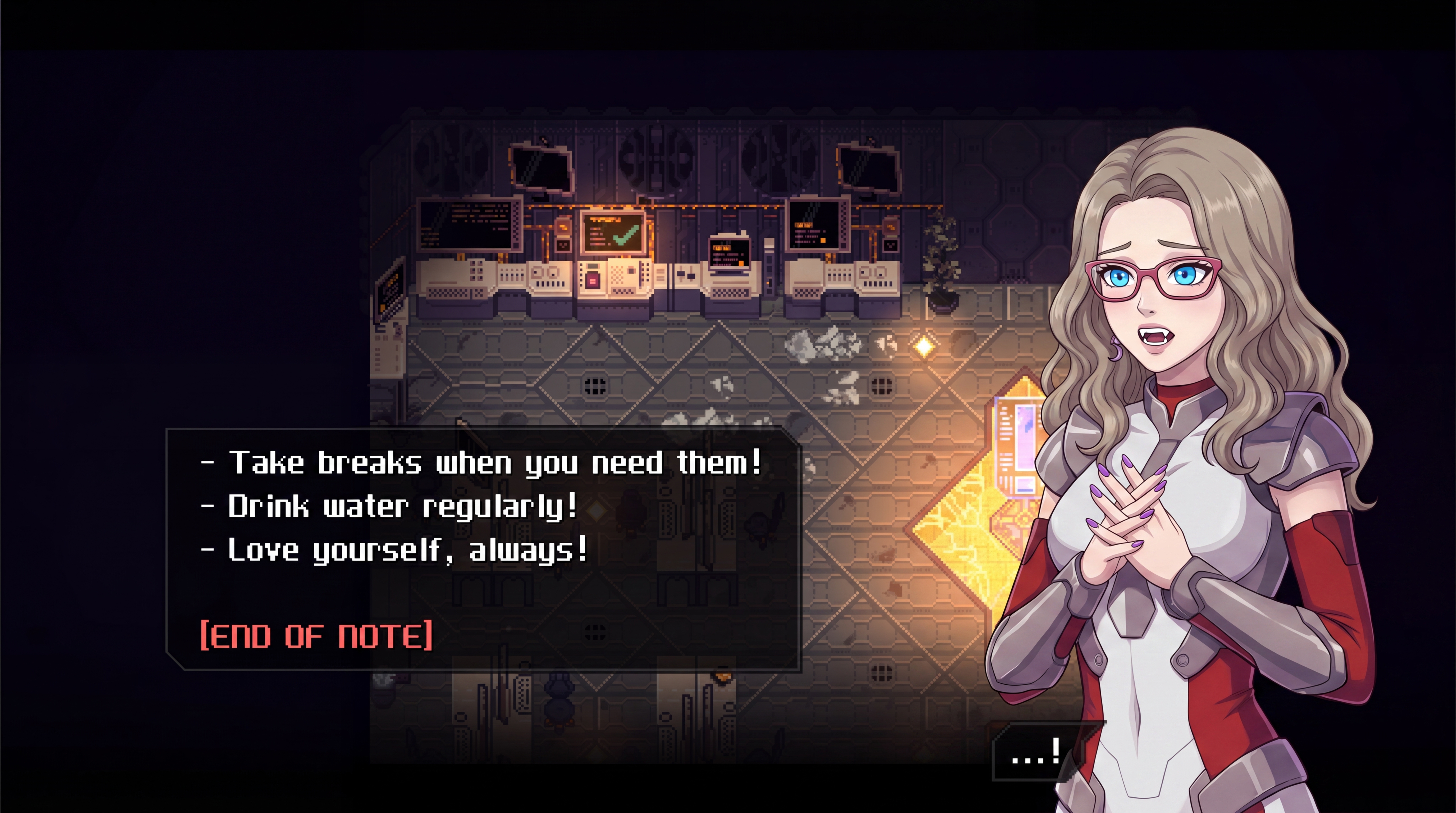 Pixel art scene with a note about self-care