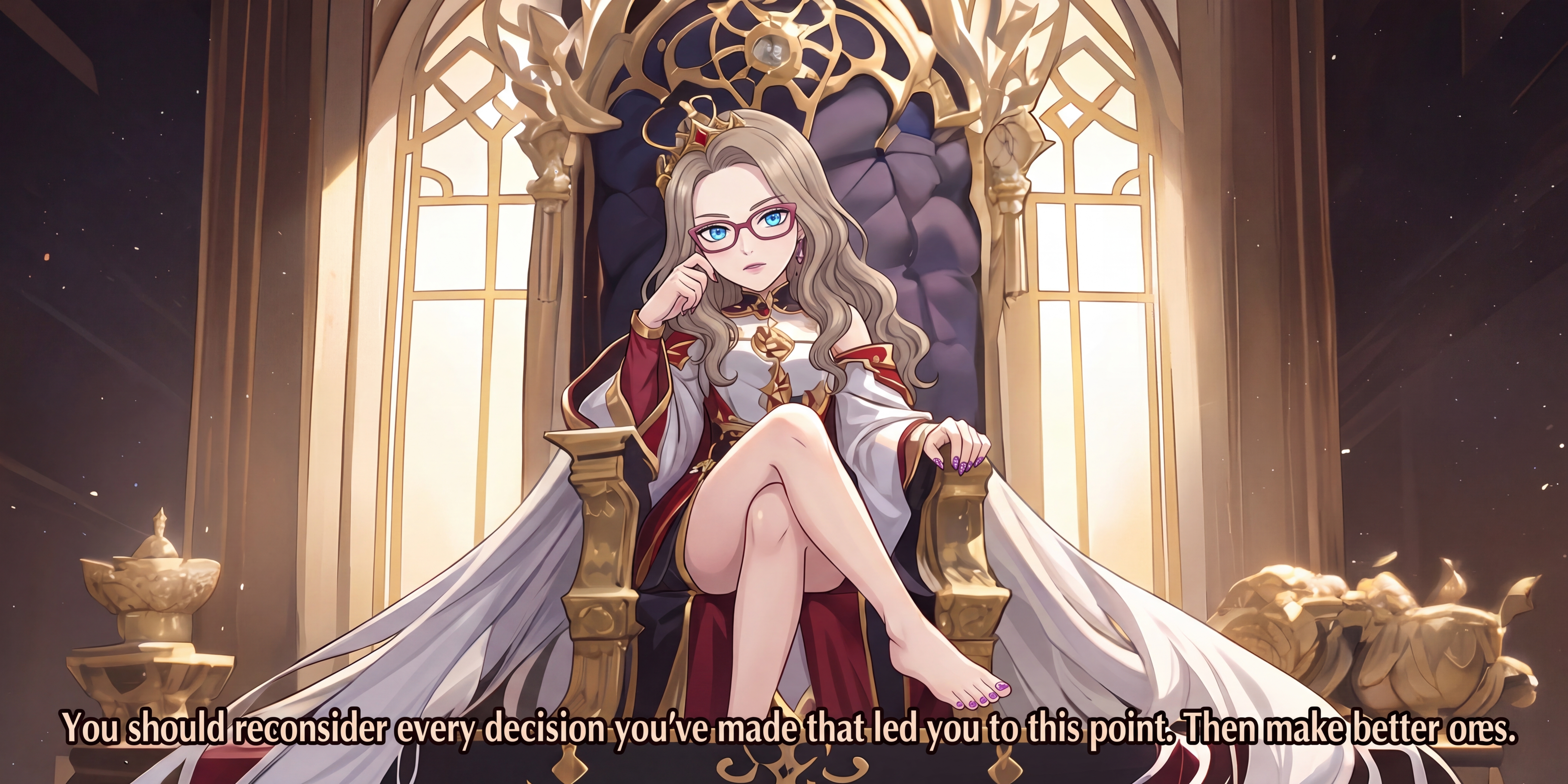 Anime girl in royal robes seated on a golden throne