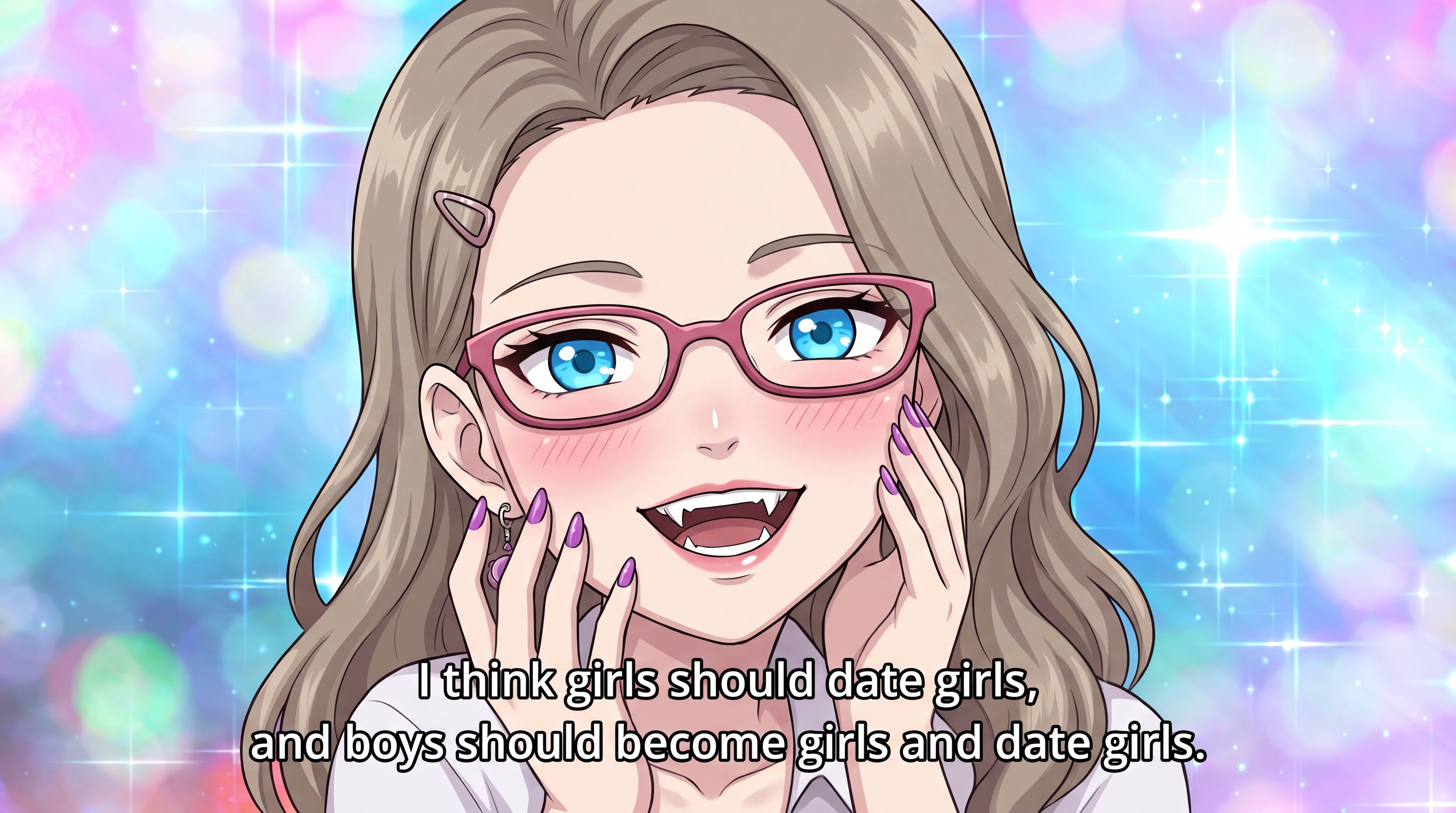 Sparkly anime girl with glasses and fangs, hands on cheeks