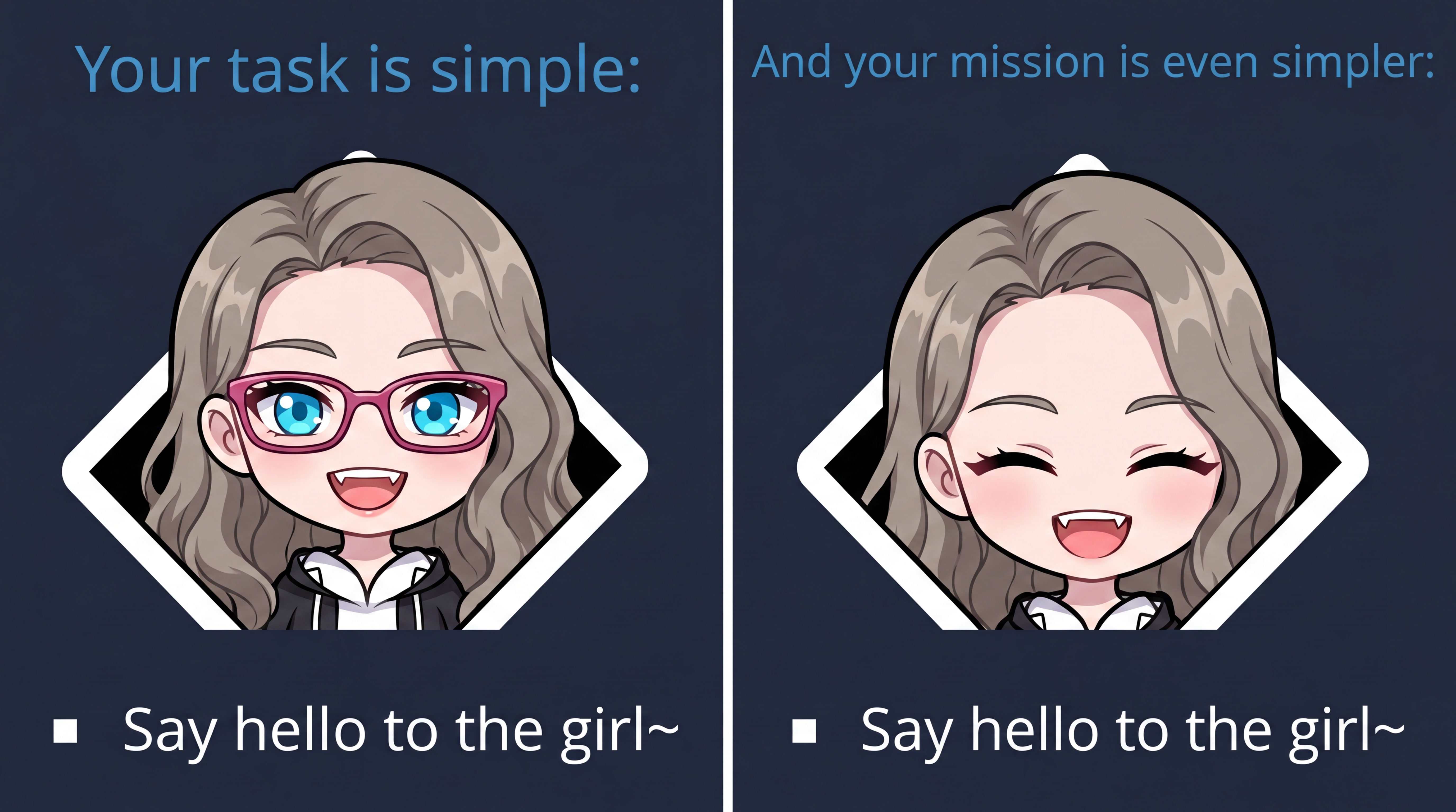 Two chibi panels of an anime girl instructing to say hello