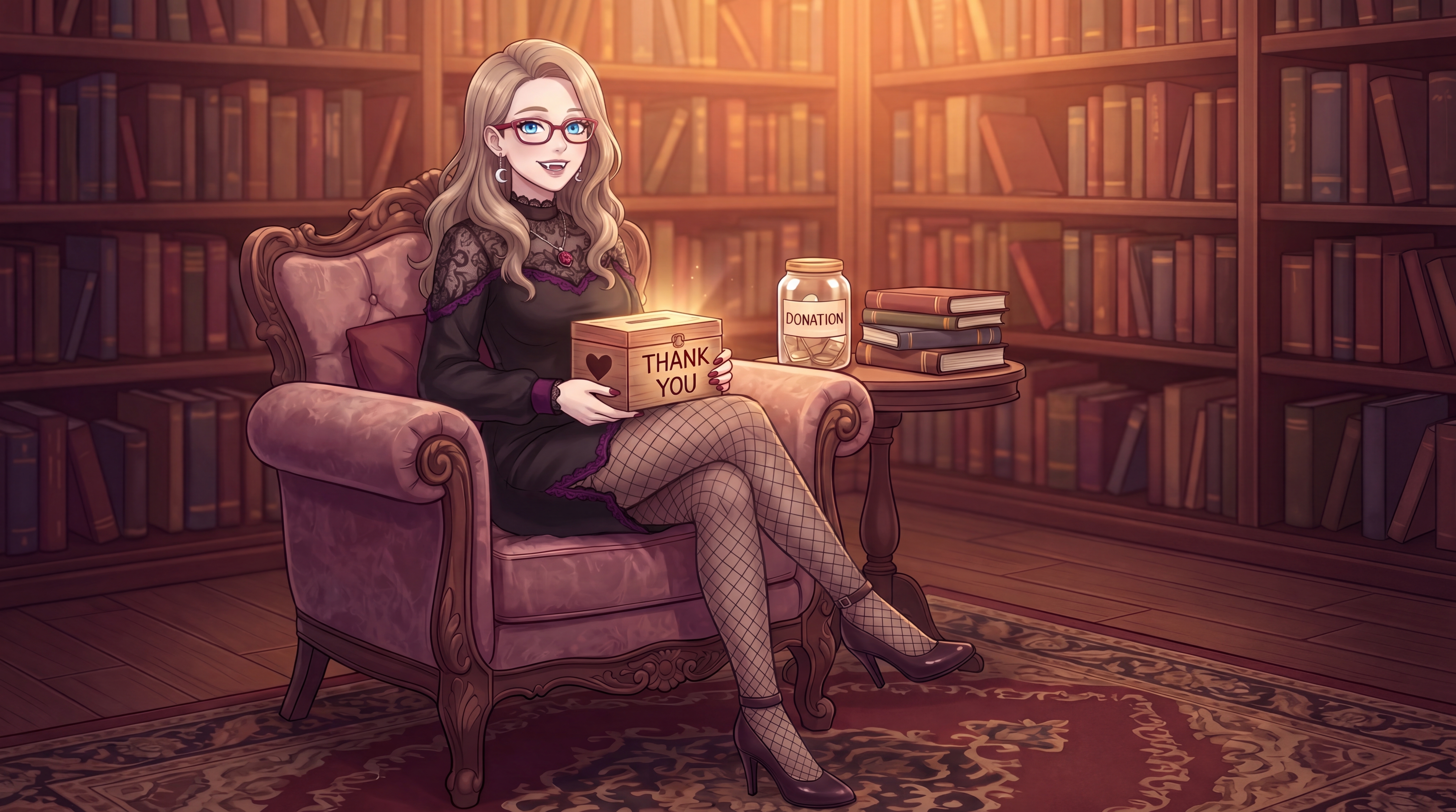 A smiling woman in a blue robe sits in a library with a treasure chest overflowing with gold and jewels. She holds a bowl of coins. Money bags and books surround her.