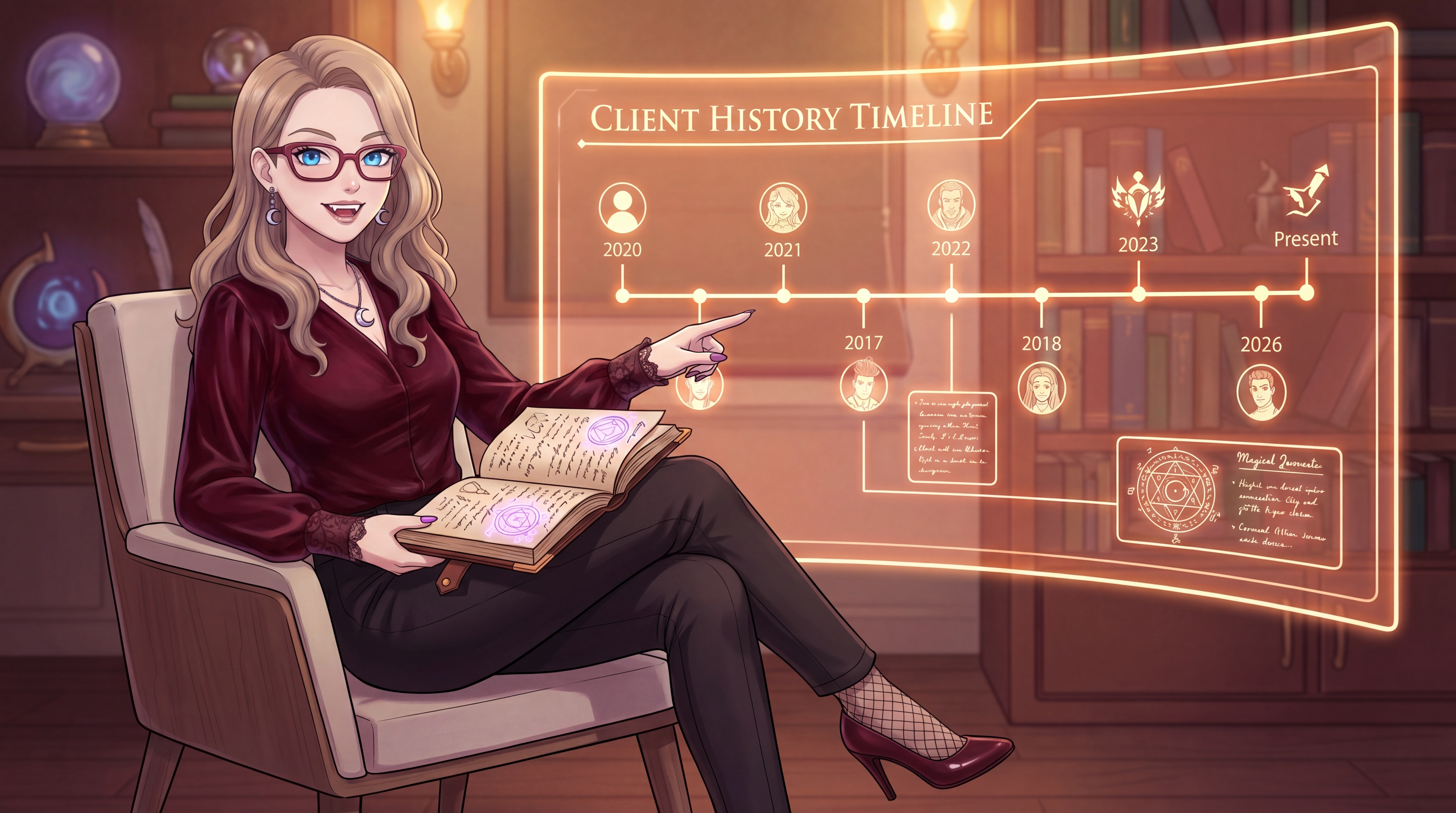 A woman with long hair and glasses sits relaxed in an armchair, barefoot, in a cozy library. A steaming teacup and open book are on a nearby table, creating a serene atmosphere.