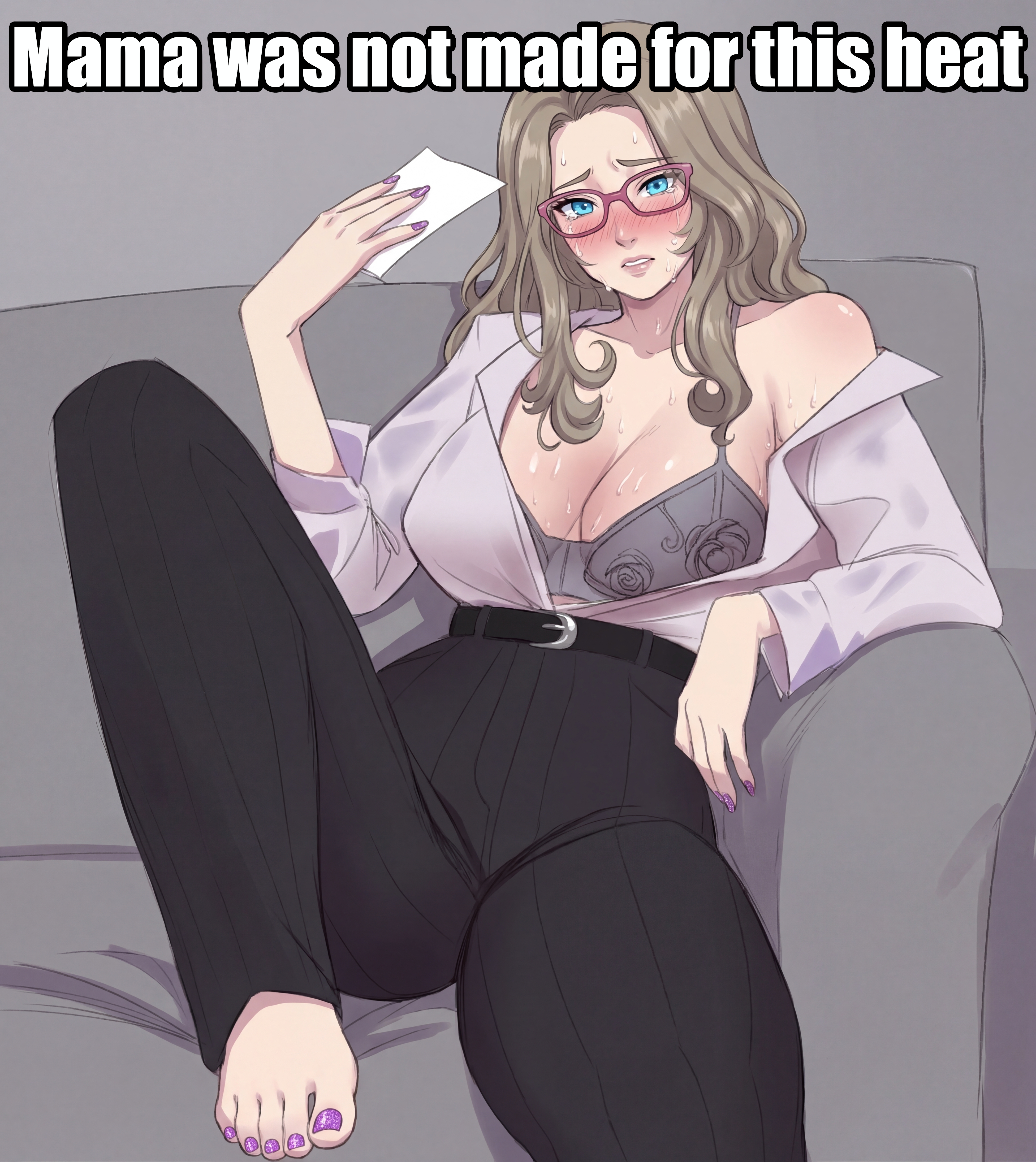 Anime girl on a sofa fanning herself with paper