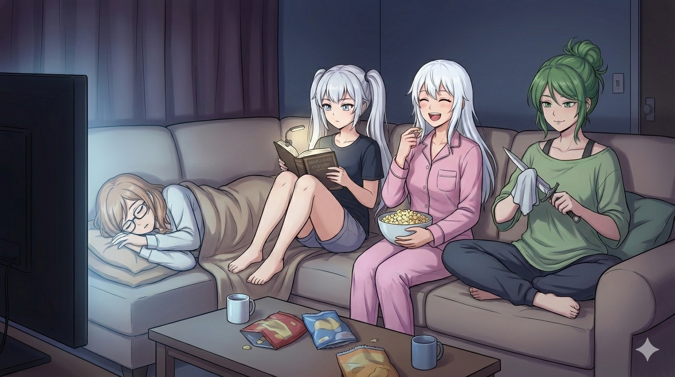 An anime-style illustration depicting four young women having a cozy evening together on a large beige sectional sofa in a dimly lit living room. From left to right: a blonde woman with glasses wearing a light blue top is lying down asleep with a pillow and blanket; a silver-haired woman in a dark shirt and shorts sits reading a book; a white-haired woman in pink pajamas sits in the middle holding a bowl of popcorn with a cheerful expression; and a green-haired woman in a green oversized shirt sits cross-legged on the right side of the couch. The coffee table in front holds snack packages, two blue mugs, and appears to have some books or magazines. A large flat-screen TV is visible on the left side of the image, and the room features dark blue walls with curtained windows and soft lighting creating an intimate, comfortable atmosphere perfect for a girls' night in.