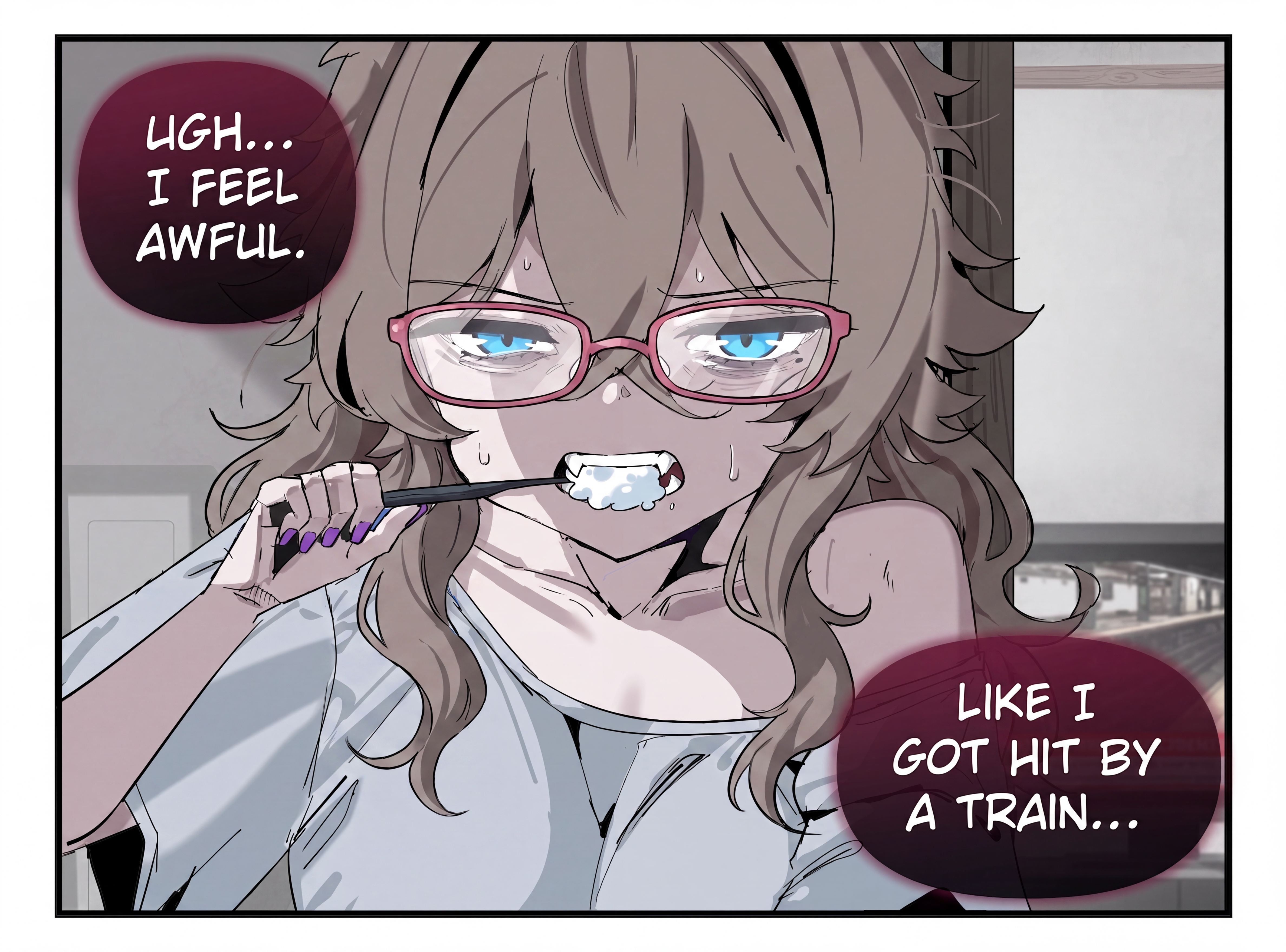 Dishevelled anime girl brushing her teeth looking exhausted