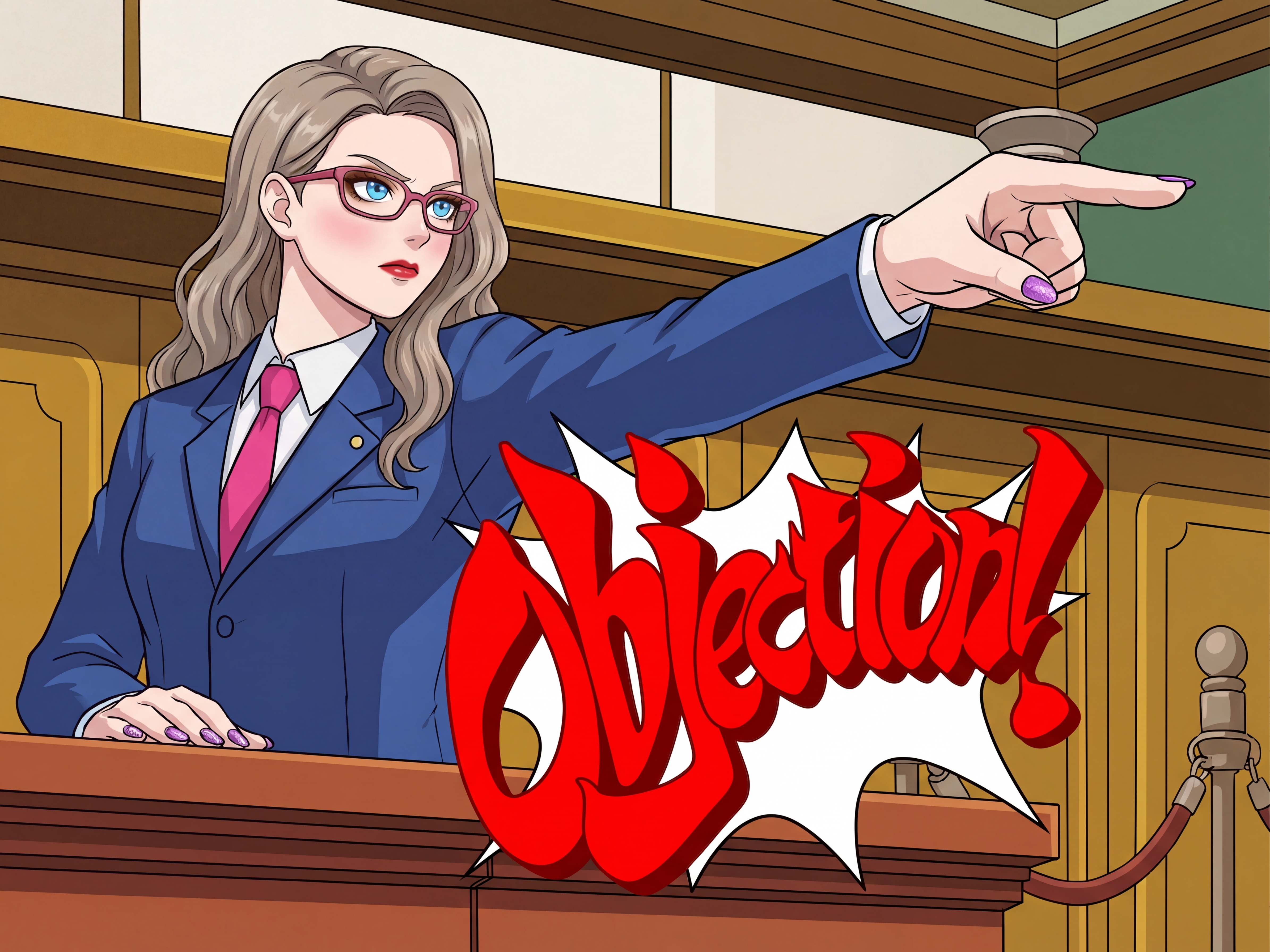 Anime girl in a blue lawyer's suit shouting Objection