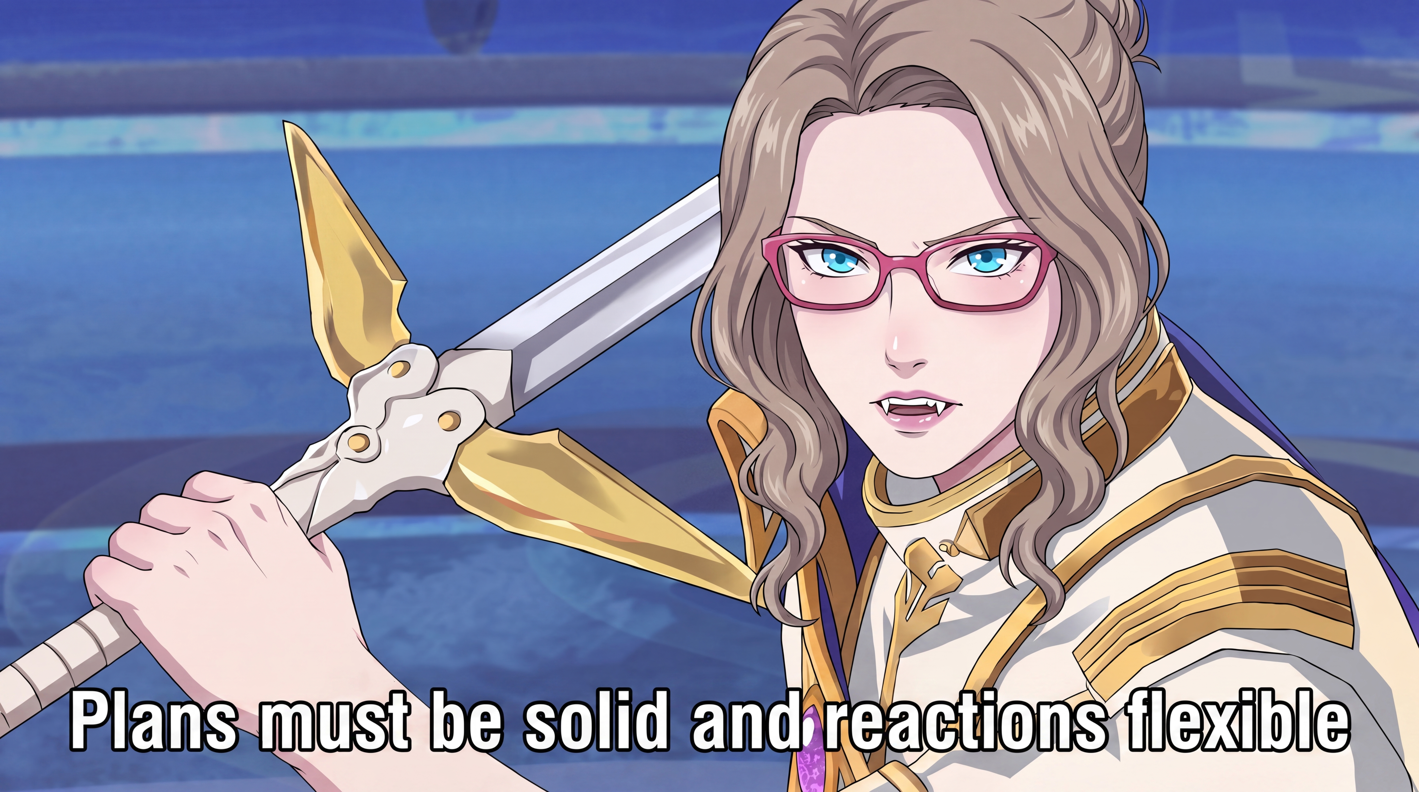 Anime girl in armour holding a golden spear