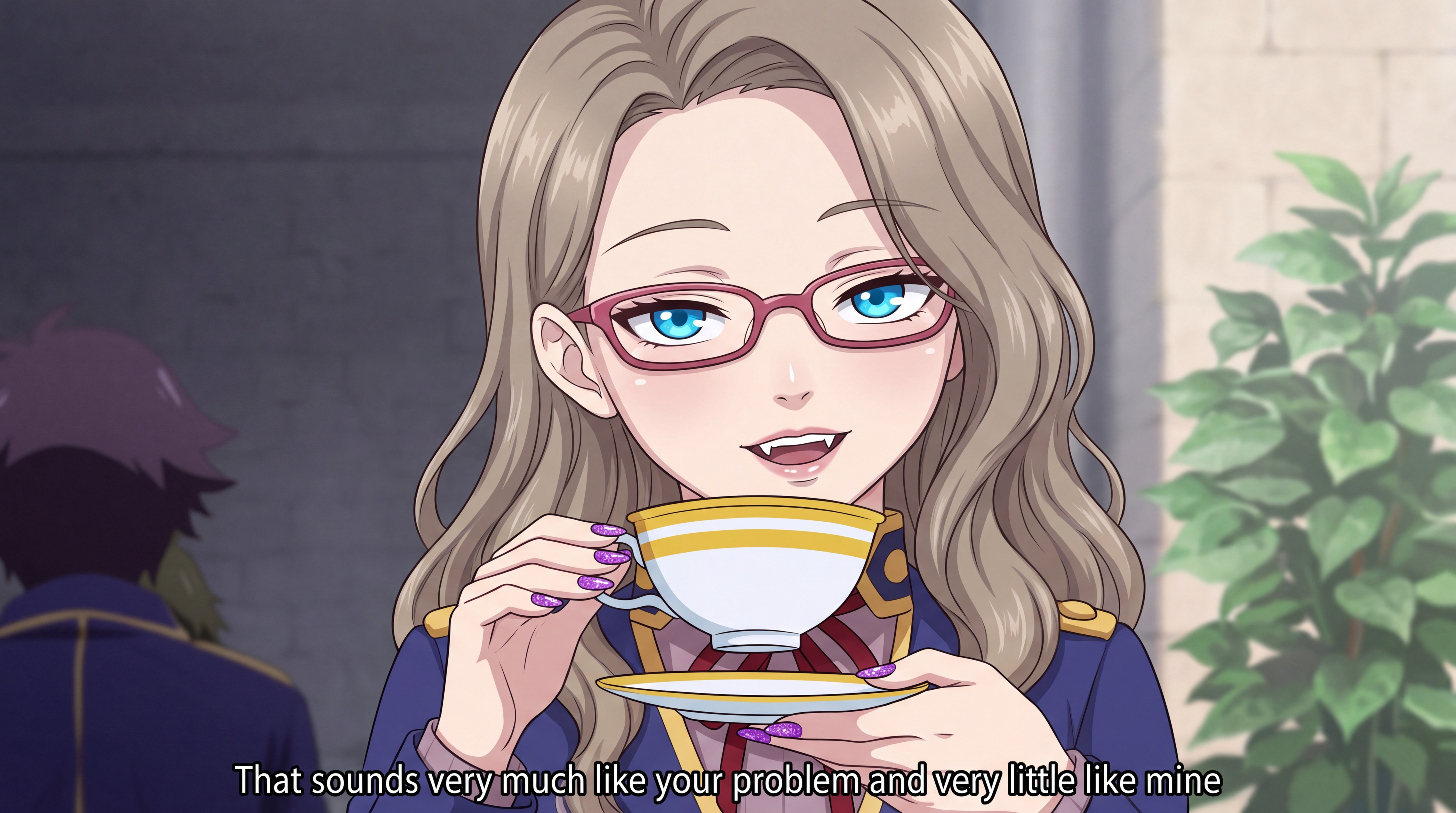 Anime girl sipping tea smugly from a decorative cup