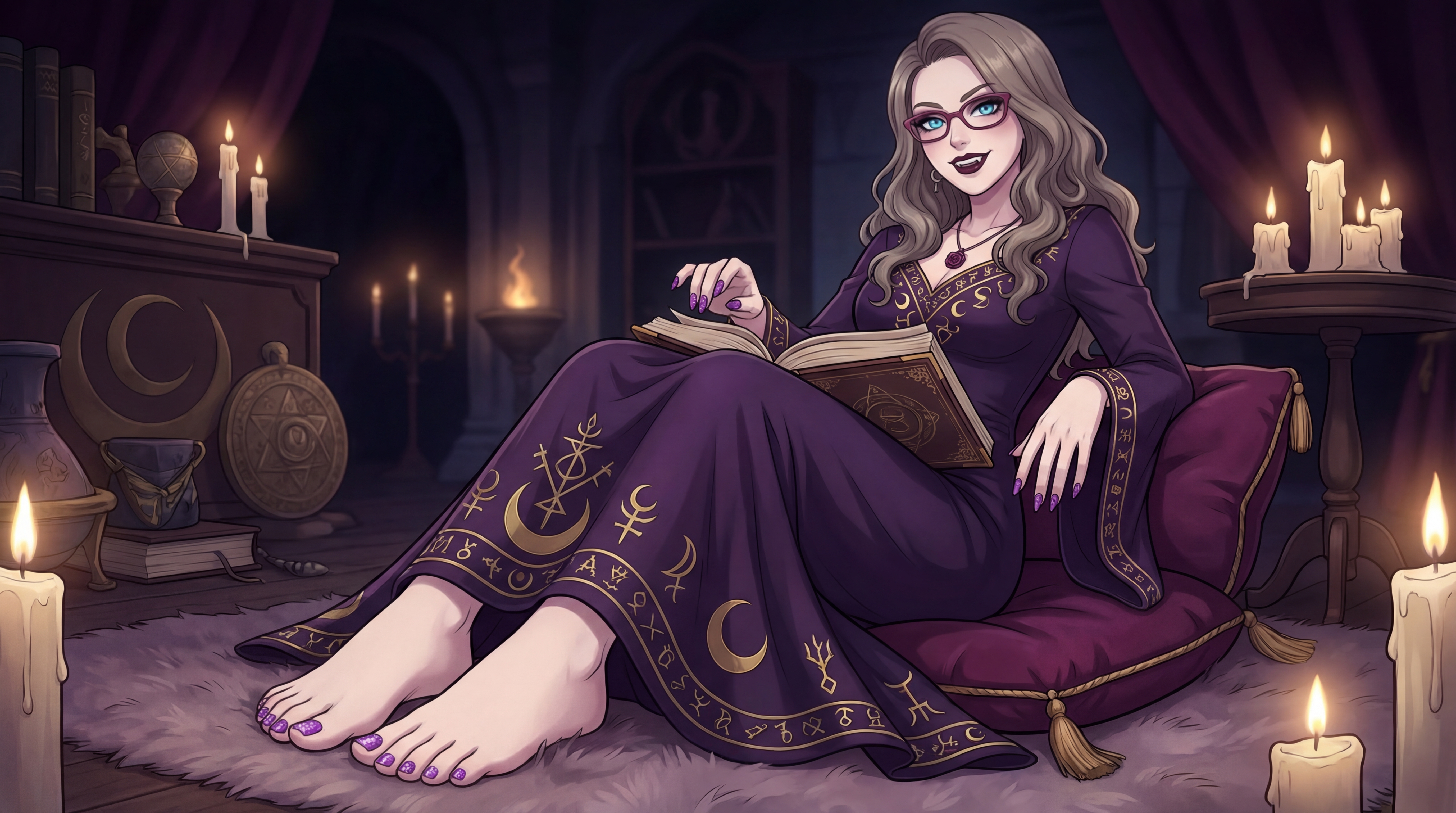 A digital illustration of Naomi, an anime-style character with pale skin, wavy dusty light brown hair, bright blue eyes, pink-rimmed glasses, and small vampire fangs. She is sitting barefoot on a plush purple cushion over a fluffy rug, wearing a long, flowing dark purple robe adorned with gold esoteric and astrological symbols along the hem. She has purple nail polish on her fingers and toes. Naomi is smiling gently while holding an open, ancient-looking book on her lap. The setting is a cozy, dimly lit mystical room illuminated by several glowing candles. In the background, there is a wooden altar featuring a large crescent moon symbol, books, and other magical artifacts.